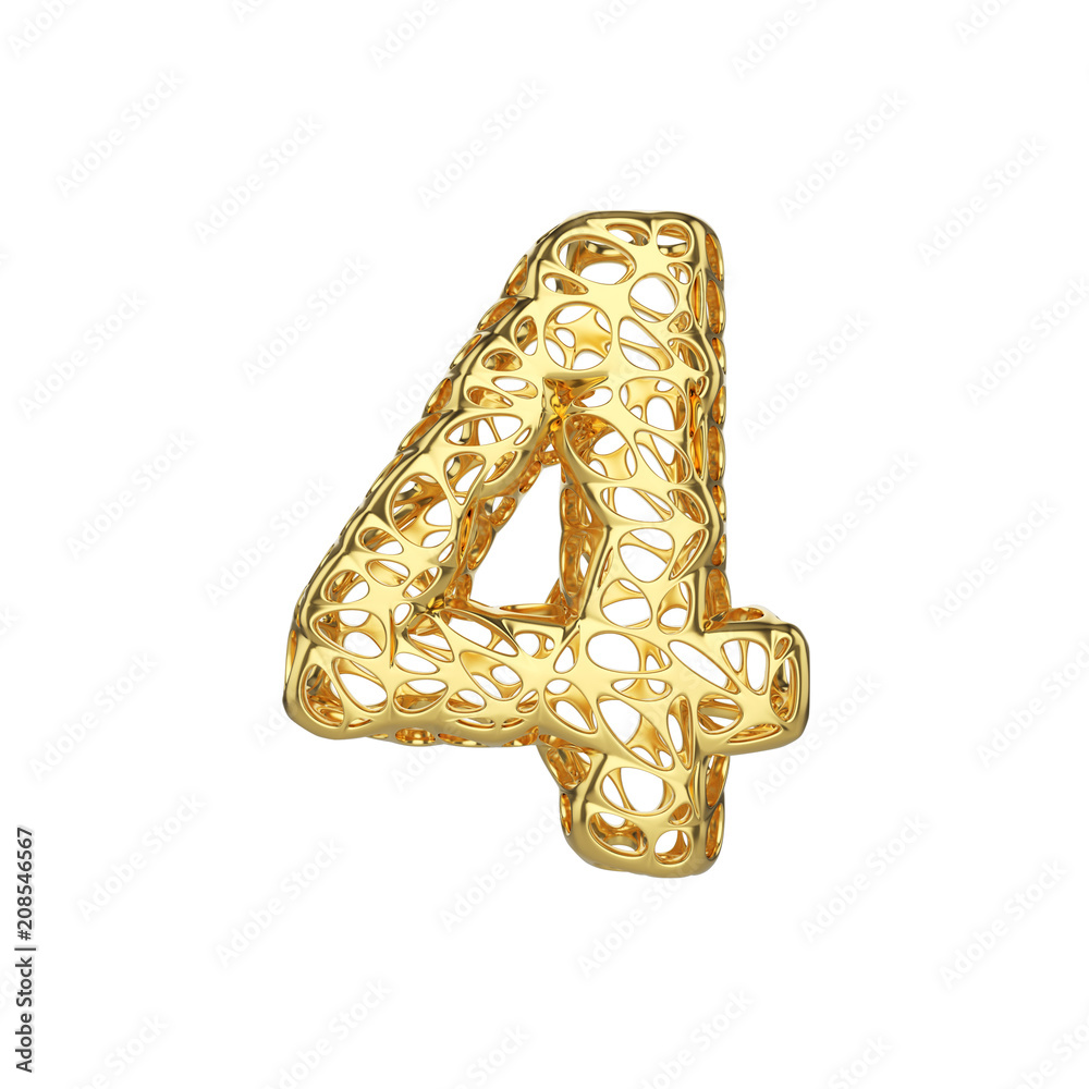 Alphabet number 4. Gold font made of yellow cellular framework. 3D render isolated on white background. Alphabet number 4. Gold font made of yellow cellular framework. 3D render isolated on white background.