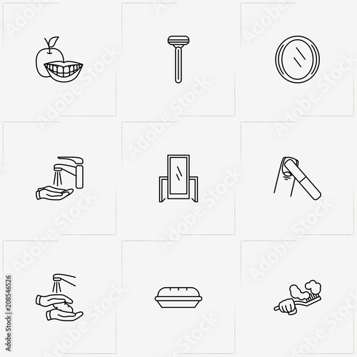 Hygiene line icon set with smile, razor and mirror