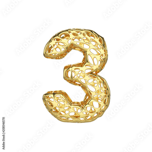 Alphabet number 3. Gold font made of yellow cellular framework. 3D render isolated on white background.