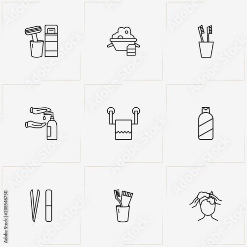 Hygiene line icon set with hand liquid soap , nail file and suds