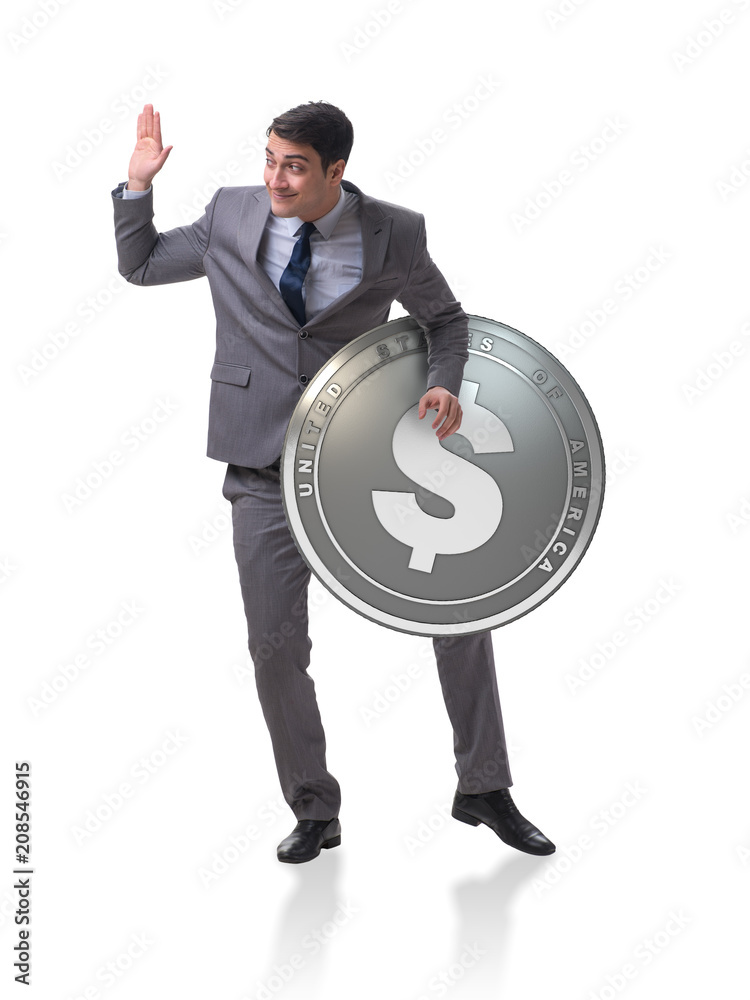 Businessman with dollar coin isolated on white background Businessman with dollar coin isolated on white background