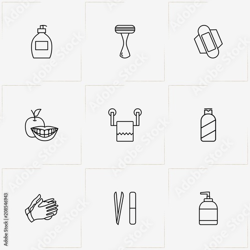 Hygiene line icon set with toilet paper, nail file and shampoo