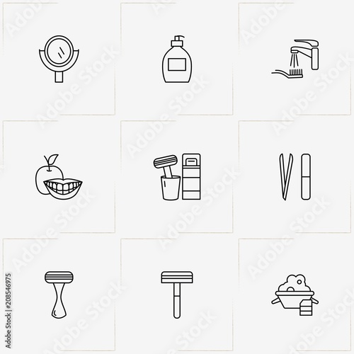 Hygiene line icon set with nail file, razor and liquid soap
