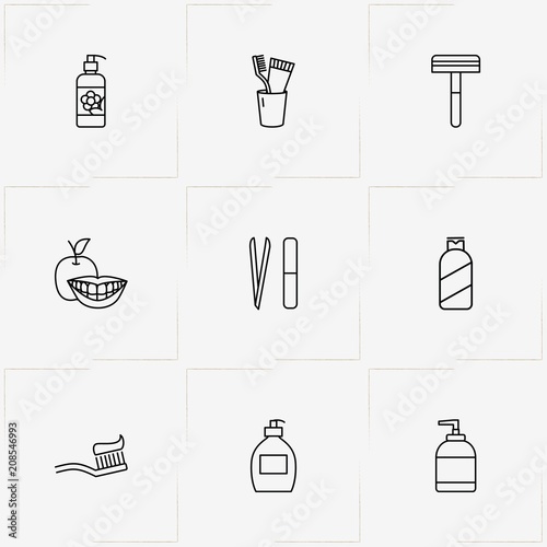 Hygiene line icon set with shampoo, nail file and liquid soap