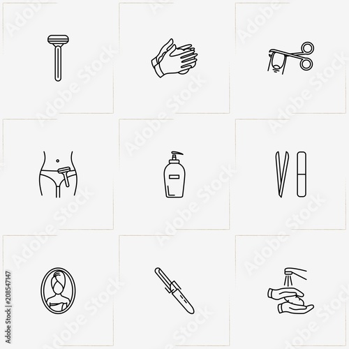 Hygiene line icon set with razor, liquid soap and nail file
