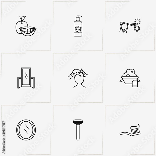 Hygiene line icon set with soaping head, cutting nail and mirror