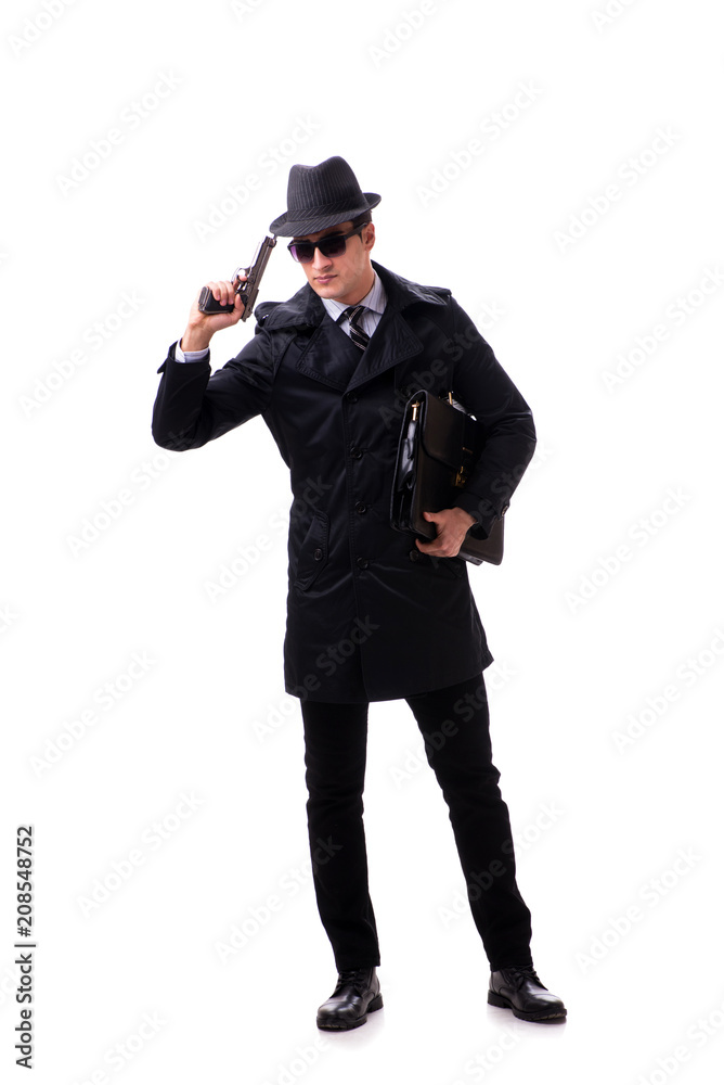 Man spy with handgun isolated on white background Man spy with handgun isolated on white background