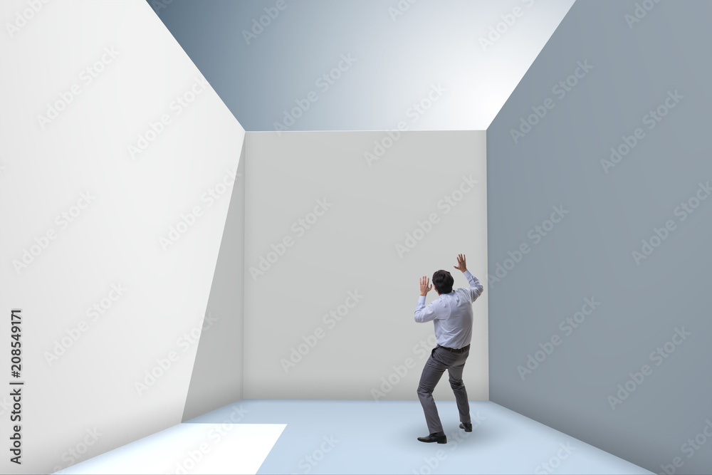 Businessman trying to escape from difficult situation Businessman trying to escape from difficult situation