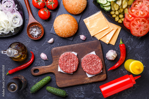 Photo on top of ingredients for hamburgers