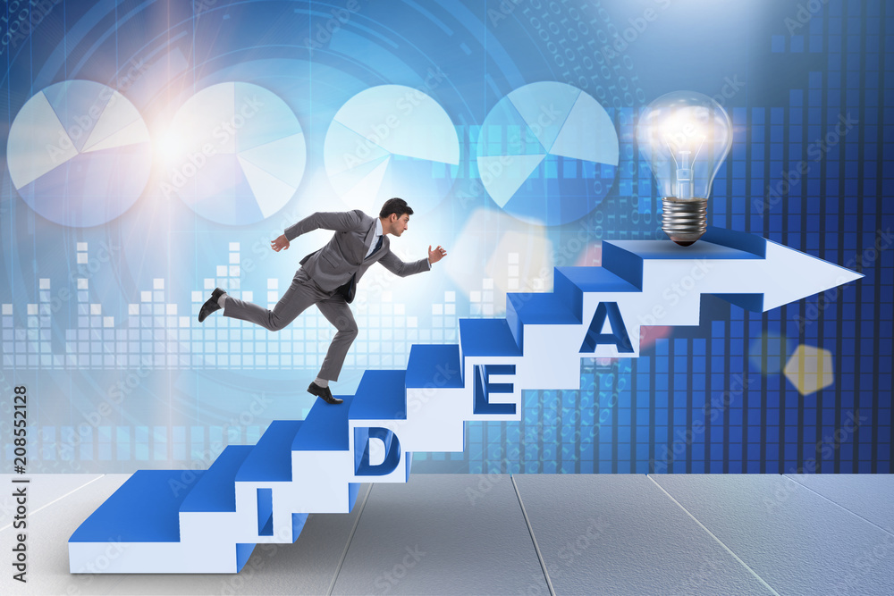 Concept of idea with businessman climbing steps stairs Concept of idea with businessman climbing steps stairs