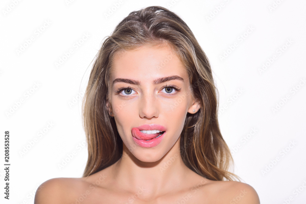 Facial Expression Emotion Beauty And People Concept Happy Woman Sexy Girl Showing Tongue 