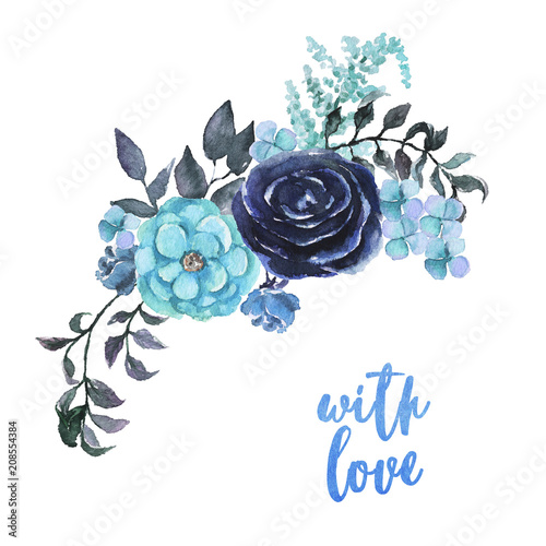 Watercolor Sky Blue Flowers Bouquet Beautiful Floral Clip Art Elegant Floral Frame Border Header Corner With Flowers And Leaves Hand Drawn Watercolor Design Invitation Wedding Or Fashion Stock Illustration Adobe Stock