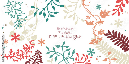 ivy vine and floral design elements of flowers ferns branches and creepers in silhouette vector outlines, elegant decorative border and corner leaves and plants in pretty hand drawn top view layout