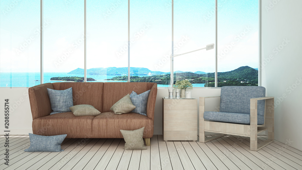 Living area in house or apartment on sea view background - Living room and  nature view in lobby or coffee shop - Interior simple design - 3D Rendering  Stock Illustration | Adobe Stock