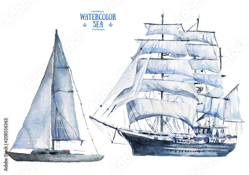 Watercolor hand drawn marine vessels - schooner and frigate - sea sailing types elements