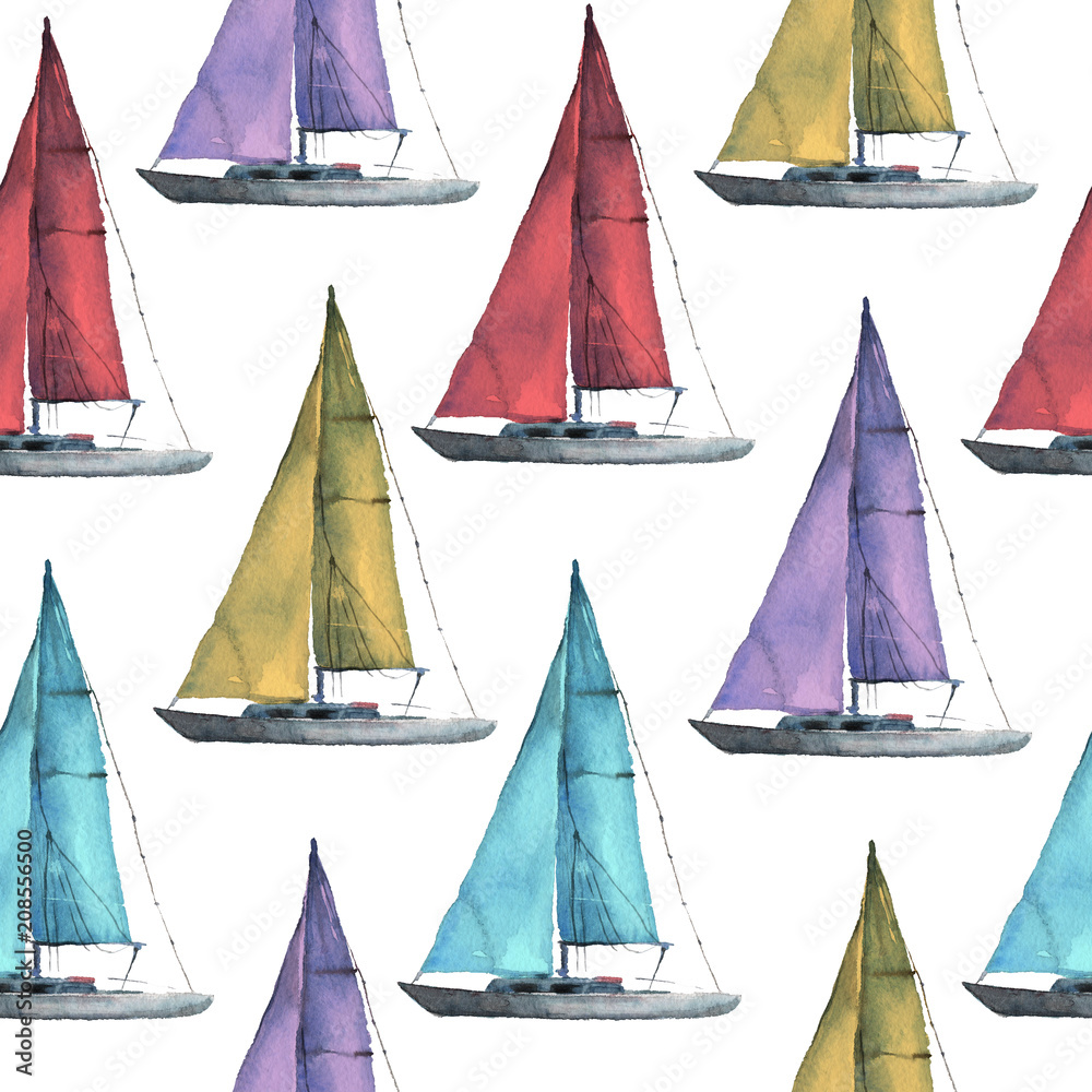 Seamless watercolor nautical pattern with various boats on white background, perfect for wrappers, wallpapers, postcards, greetings, wedding invitations, romantic events
