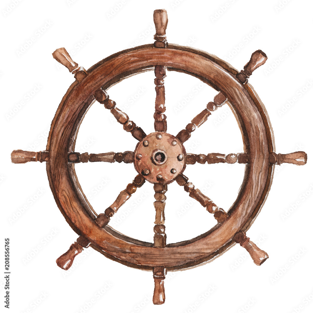 Watercolor hand drawn nautical / marine illustration with steering wheel / helm
