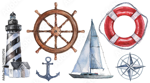 Watercolor hand drawn nautical / marine illustration with lighthouse, lifebuoy, anchor, steering wheel, boat and compass photo