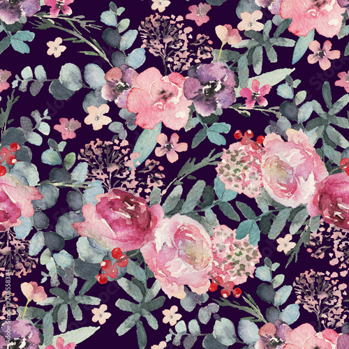 Seamless watercolor floral pattern with flower composition on dark background, perfect for wrappers, wallpapers, postcards, greeting cards, wedding invitations, romantic events, etc. 