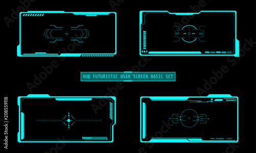 HUD Futuristic Technology Interface Screen Elements Panel Set Vector. Abstract Virtual Cyber Control Display Pack For Game App UI Illustration	