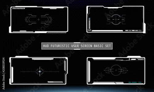 HUD Futuristic Technology Interface Screen Elements Panel Set Vector. Abstract Virtual Cyber Control Display Pack For Game App UI Illustration	