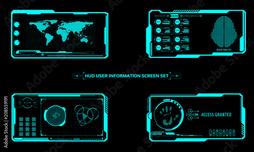 HUD Futuristic Elements Screen Interface Control Panel Abstract Illustration. Green Display Brain Analysis, Protection Zone Area, Hand Finger Security Scan, World Map Location Identification Vector.