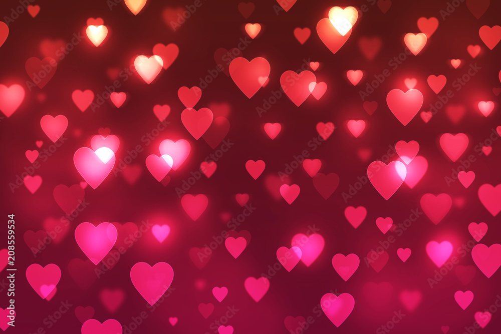 Blurred bokeh background with red hearts, holiday, wedding, love