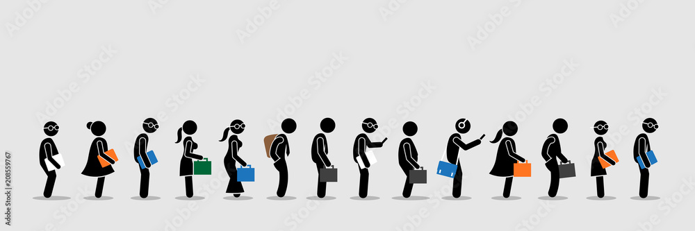 Job seekers or office workers and employee queuing up in a line. Vector artwork depicts the concept of job interview and office lifestyle. Job seekers or office workers and employee queuing up in a line. Vector artwork depicts the concept of job interview and office lifestyle.