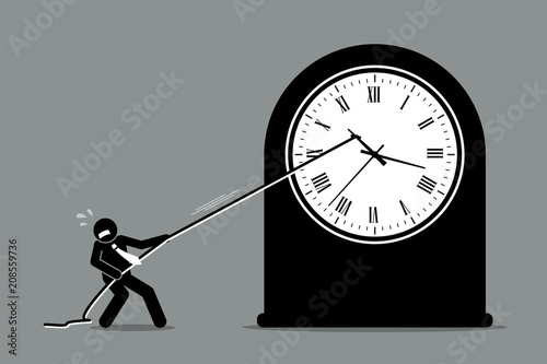 Businessman trying to stop the clock from moving. Vector artwork depicts the concept of turning back time and stopping the time because of business crisis and problem.