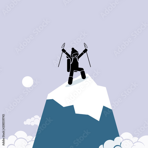 Happy man successfully climb on top of the mountain. Vector artwork depicts the concept of success, self achievement, and accomplishment.