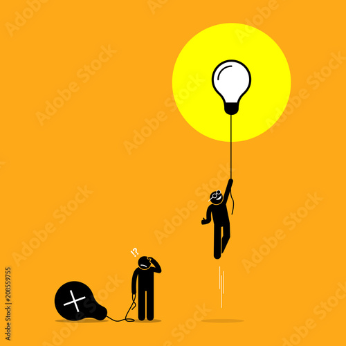 Two person created different ideas but only one is having success, while the other fails. Vector artwork shows the concept of idea success and failure. photo