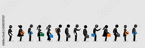 Job seekers or office workers and employee queuing up in a line. Vector artwork depicts the concept of job interview and office lifestyle.