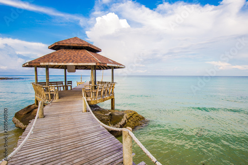 Photography Wooden bridge with blue sky cloud sunrise in the sea
