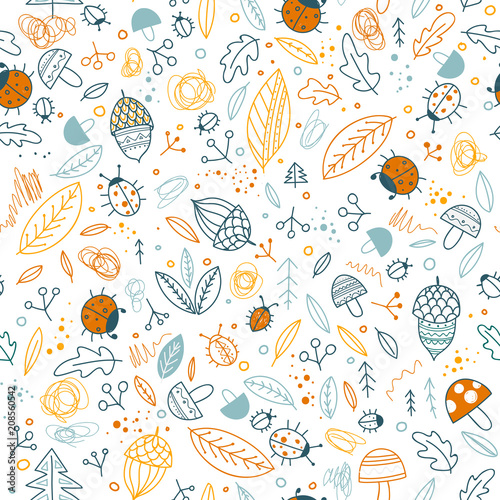 Cute forest elements vector seamless pattern.