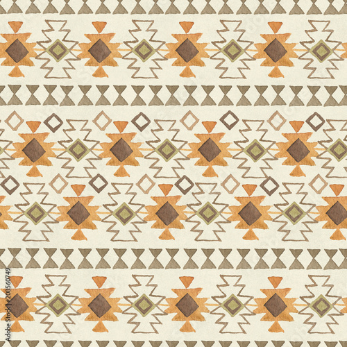 Watercolor ethnic boho seamless pattern of ornament, tribal sign on beige background, native american tribe decoration print element, tribal bohemian navajo illustration, Indian, Peru, Aztec wrapping.