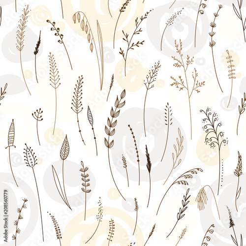 Vector seamless pattern of herbs, plants, flowers and leaves, cereals