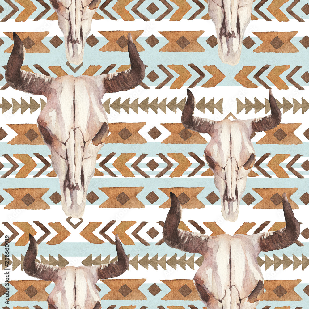 Native Bull Design Watercolor ethnic boho seamless pattern of bull cow skull, horns ...