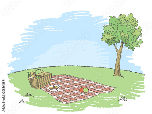 Picnic basket graphic color landscape sketch illustration vector