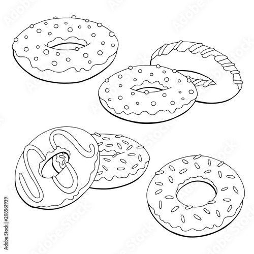 Donuts set graphic black white isolated sketch illustration vector