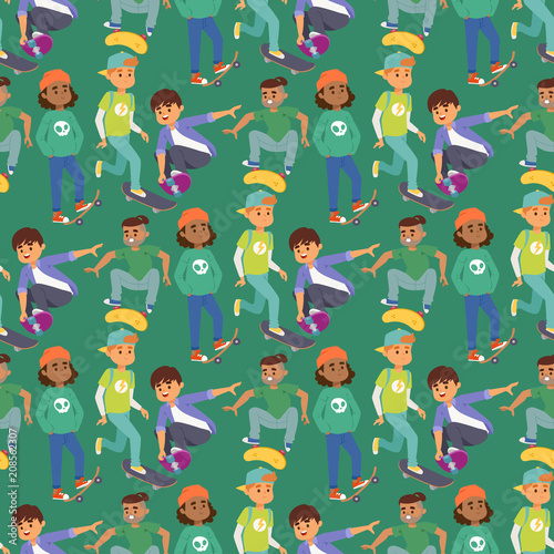 Skateboard characters vector stylish skating kids illustration skate cartoon male activity extreme skateboarding seamless pattern background.