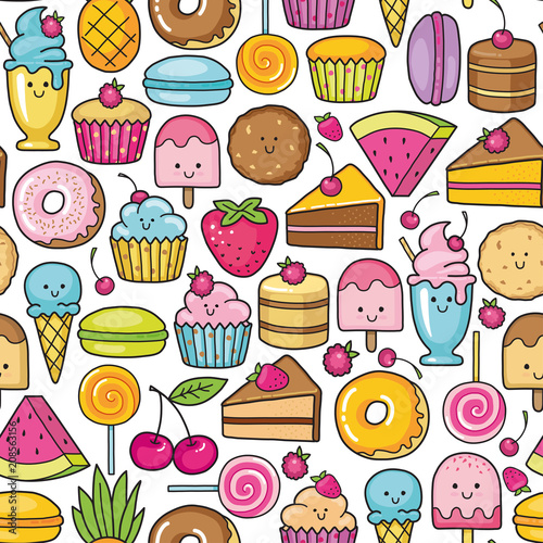 Seamless background of sweet and dessert doodle, cake, sweet donat, cookies and macaron