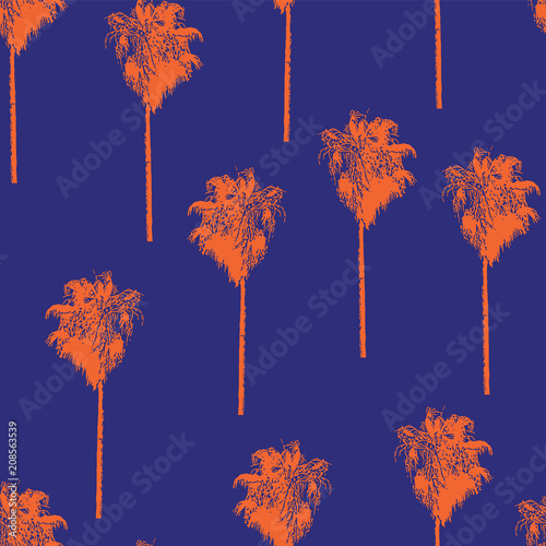 Palm trees retro-style orange on a blue background. Seamless vector pattern.