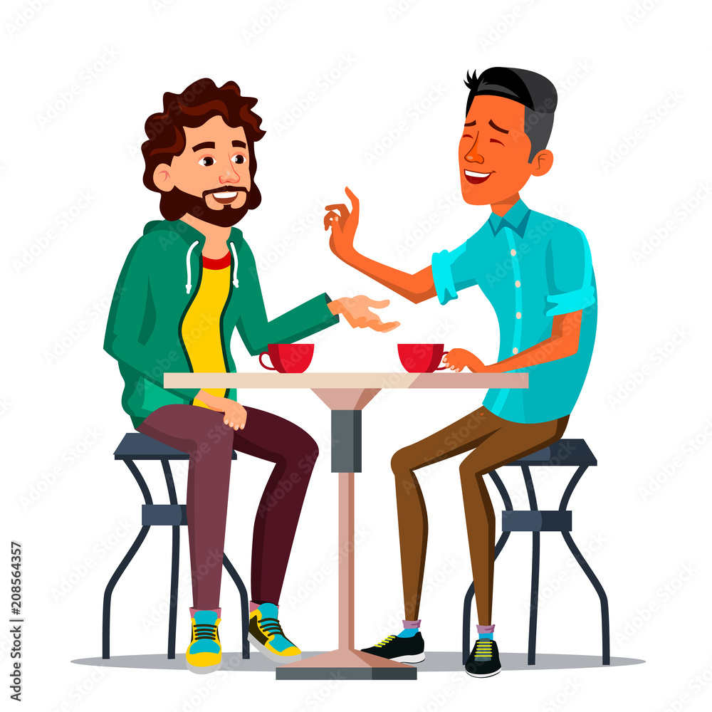 Friends In Cafe Vector. Two Man. Drinking Coffee. Bistro, Cafeteria. Coffee  Break Concept. Lifestyle. Communication, Laughter. Isolated Cartoon  Illustration Stock Vector | Adobe Stock