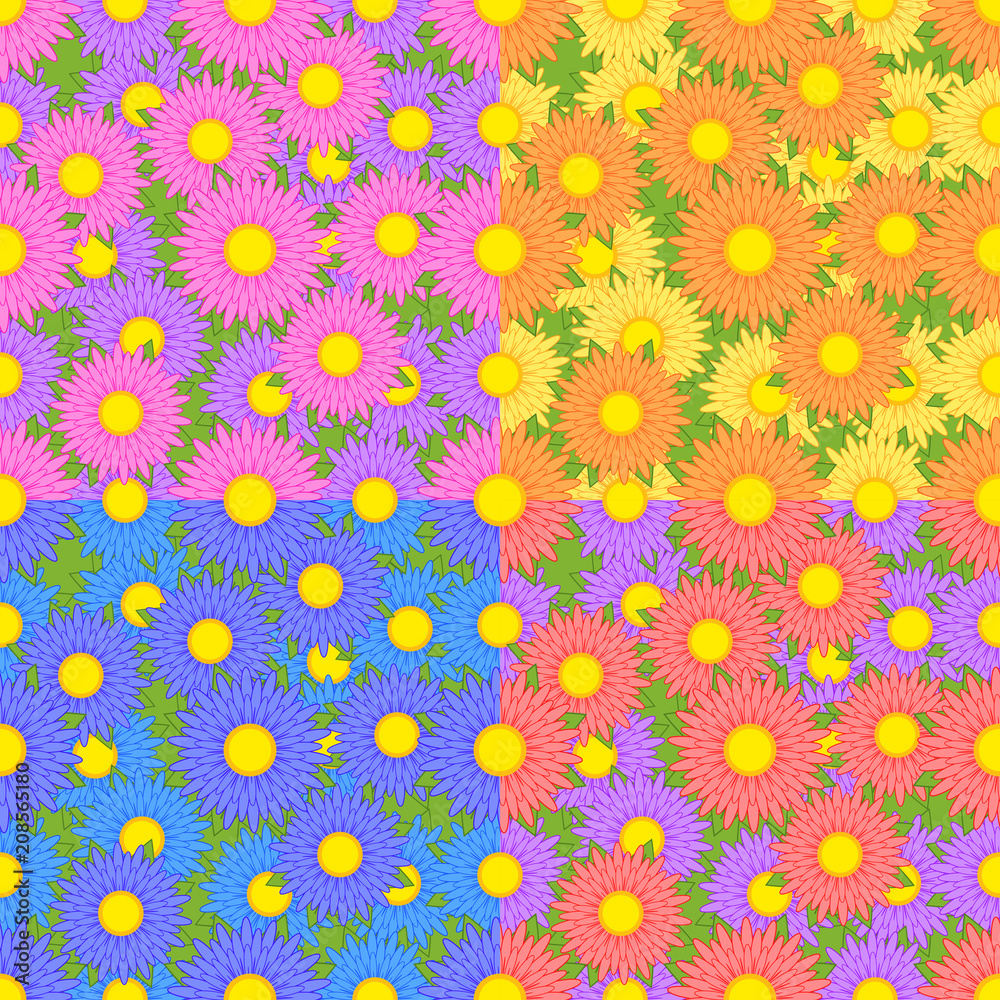A set of seamless patterns from asters of different colors yellow, pink, blue, orange, purple