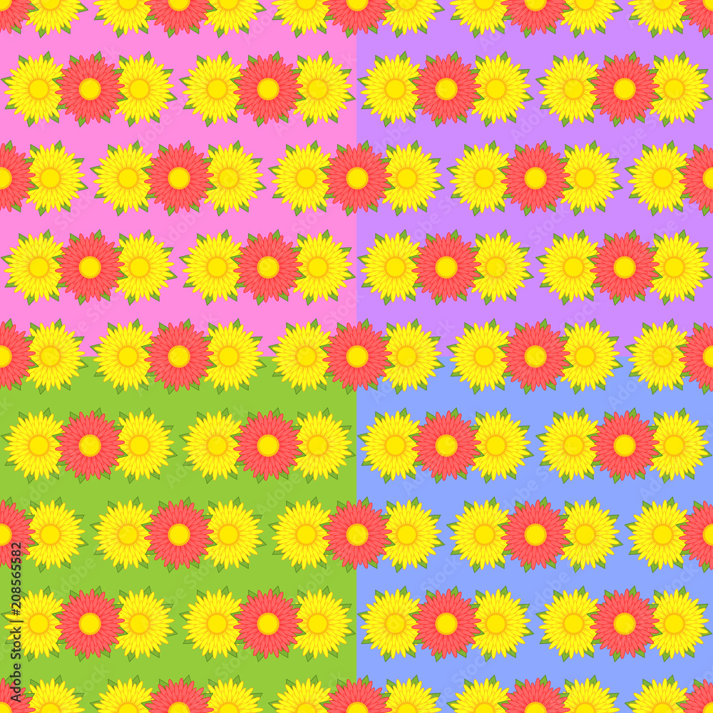 Set of seamless patterns of asters of yellow and red with green leaves