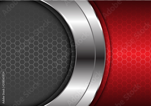 Abstract silver curve center with red gray hexagon pattern design modern luxury futuristic background vector illustration.