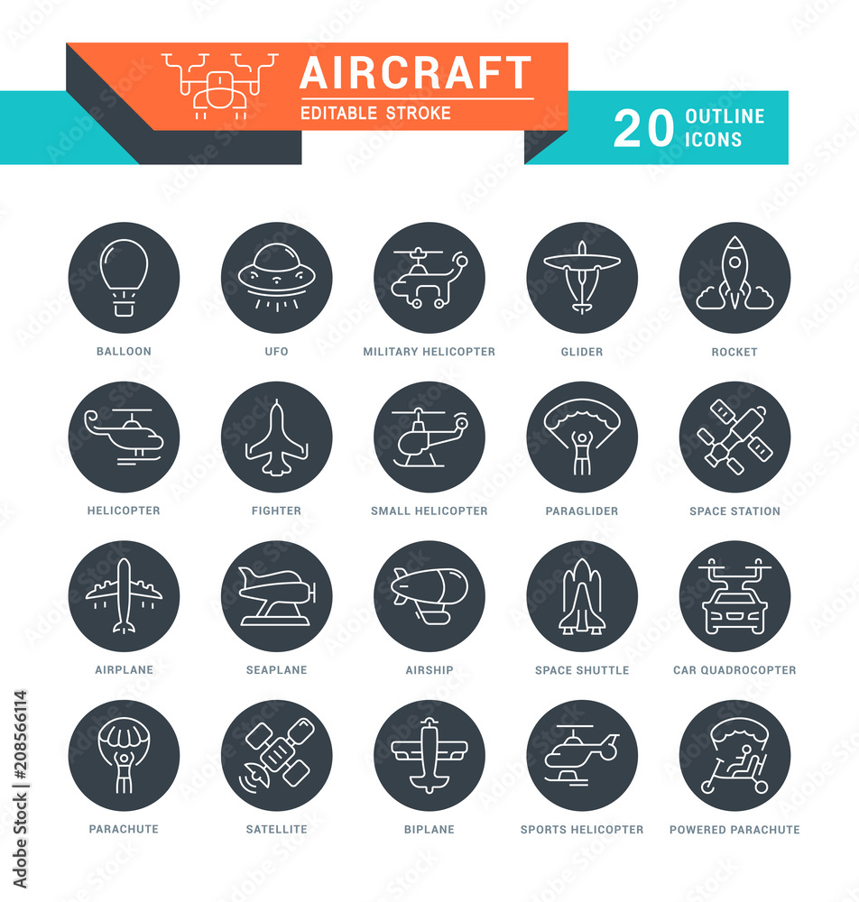 Set Vector Line Icons of Aircraft.