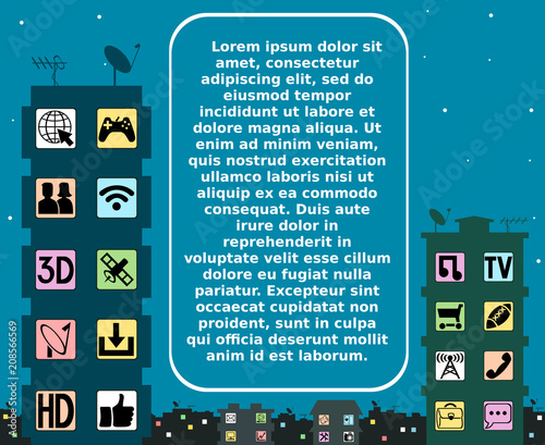 Windows of the night city and text. Internet and satellite TV provider. Illustration of the advertising leaf. The schedule of the program of telecasts in prime time.
