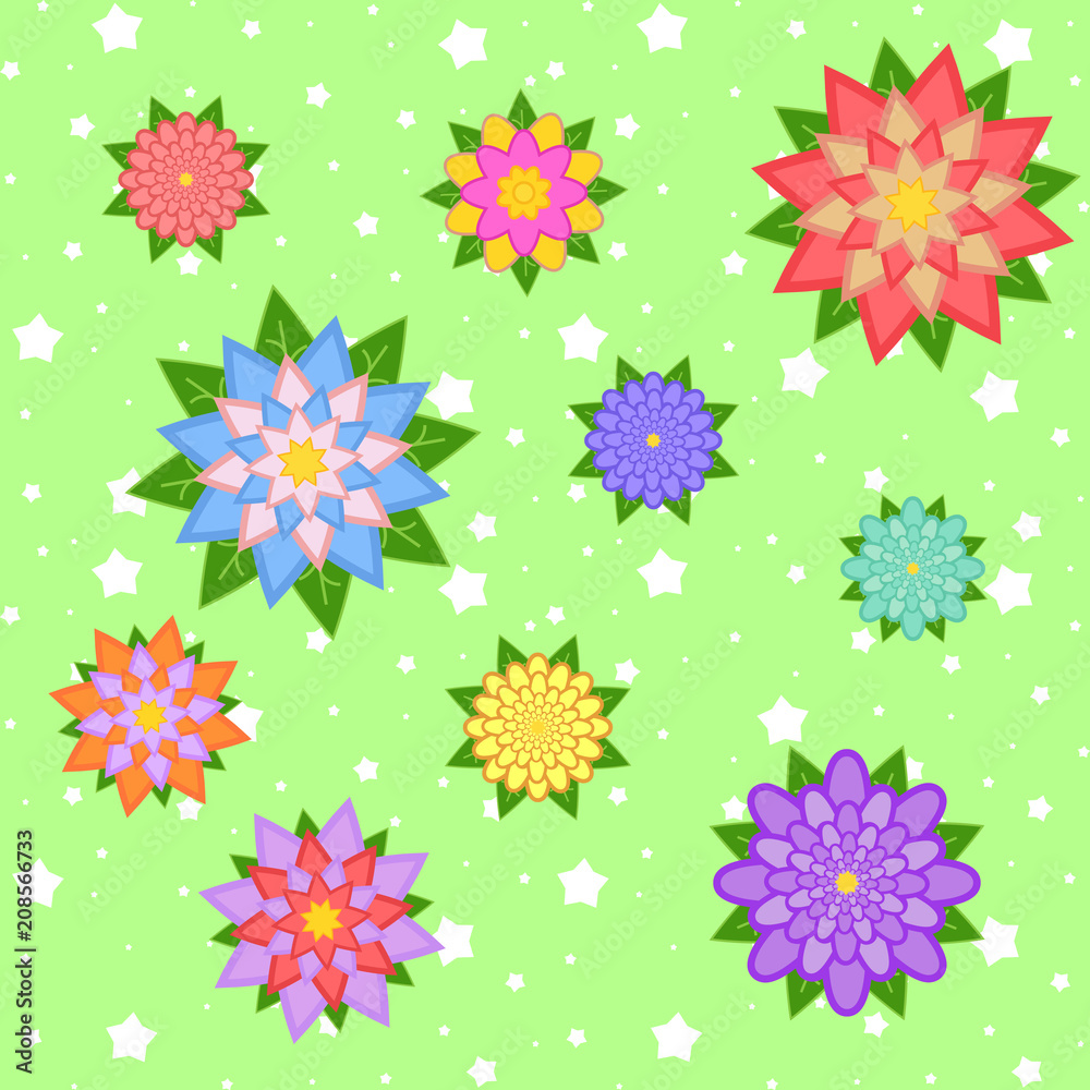 A set of beautiful colorful flowers on a green star background. Ten variants. Suitable for design.