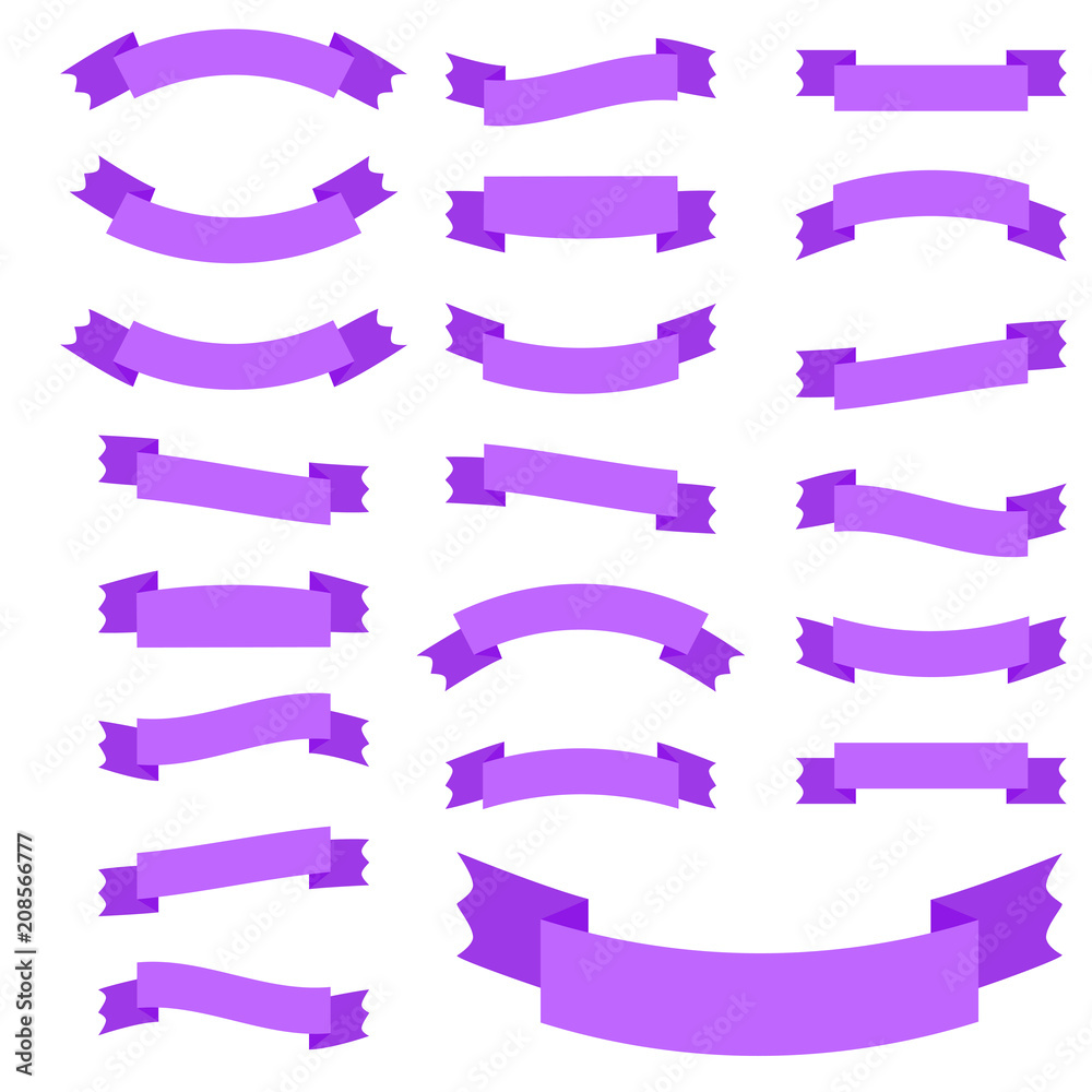Set of 21 flat violet isolated ribbon banners. Suitable for design.